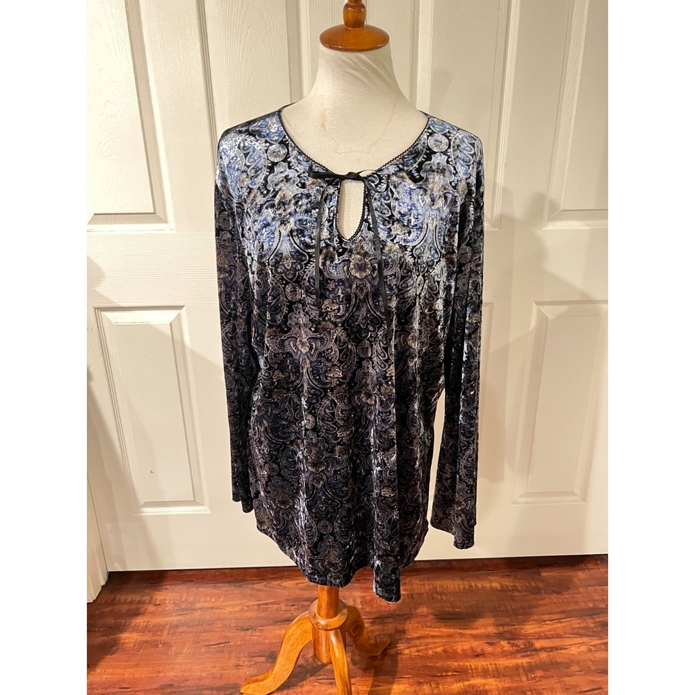 Venezia Womens‎ Long Sleeve Blue Velvet Paisley Top Plus Sz 18/20 Whimsygoth 90s
